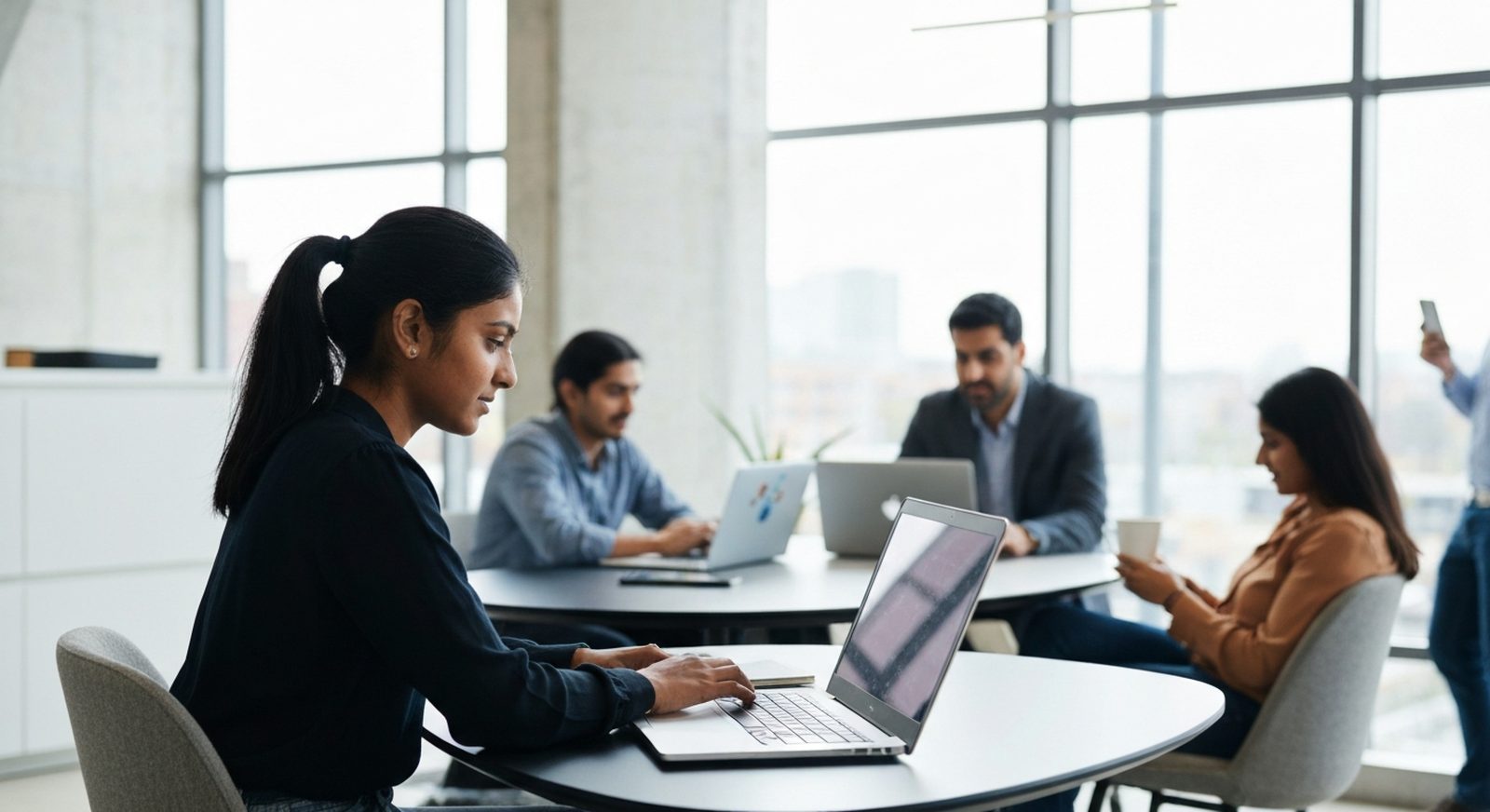 Founders collaborating in warm natural light