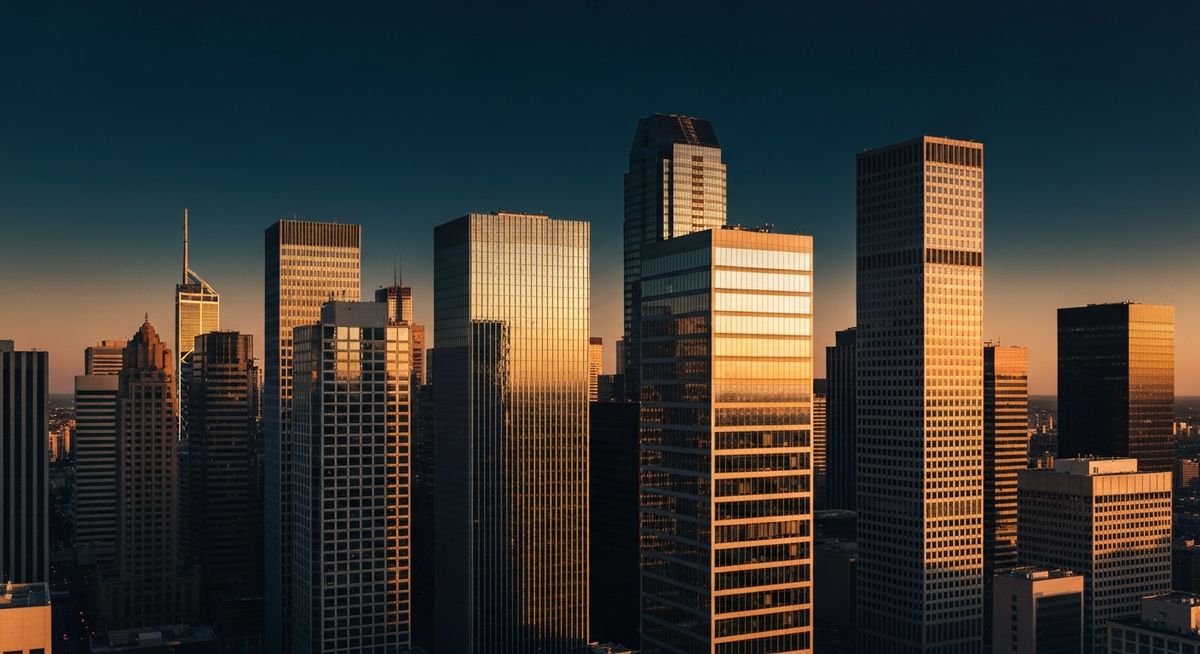 Modern glass skyscrapers at golden hour representing venture capital and investment