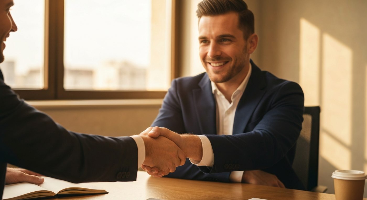 Handshake in warm natural light over conference table